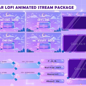 Stream Package Lunar Lofi - Twitch Overlay -  Animated Alerts - Animated Screens  - Panels - Aesthetic  - Retro Gamer -   Purple