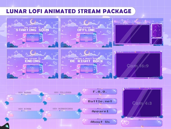 Stream Package Lunar Lofi - Twitch Overlay -  Animated Alerts - Animated Screens  - Panels - Aesthetic  - Retro Gamer -   Purple