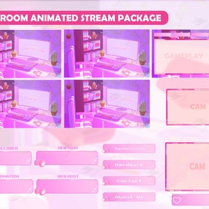 Stream Package Lofi Room - Twitch Overlay -  Animated Alerts - Animated Screens  - Panels - Aesthetic  - Retro Gamer - Pink -