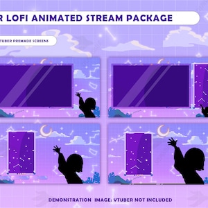 May include: Four animated stream screens with a purple and pink color scheme. The screens feature a silhouette of a person reaching up towards a crescent moon and stars. The text "LUNAR LOFI ANIMATED STREAM PACKAGE" is at the top of the image.