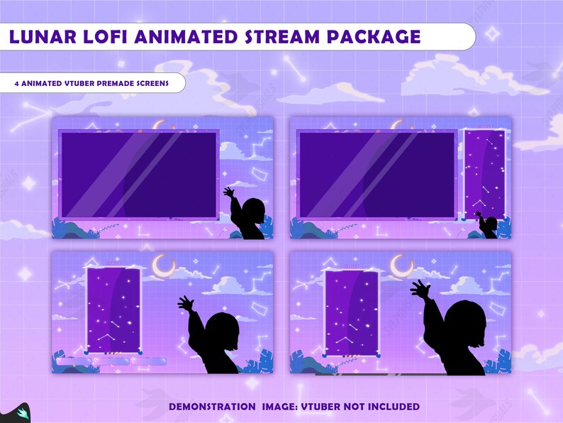 May include: Four animated stream screens with a purple and pink color scheme. The screens feature a silhouette of a person reaching up towards a crescent moon and stars. The text "LUNAR LOFI ANIMATED STREAM PACKAGE" is at the top of the image.