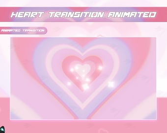 Puede incluir: Transición animada en forma de corazón con un fondo degradado rosa y morado. El corazón está formado por círculos concéntricos con un brillo blanco en el centro. El texto "HEART TRANSITION ANIMATED" está en la parte superior de la imagen y el texto "ANIMATED TRANSITION" está en la parte inferior.