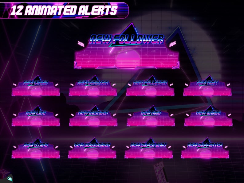May include: A digital graphic with a retro synthwave aesthetic. The image features 12 animated alerts with text like "New Follower" and "New Host" in a neon pink and blue color scheme. The top banner reads "12 Animated Alerts."