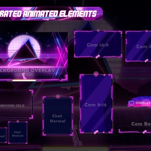 May include: A digital graphic with a retro-futuristic theme, featuring neon pink and blue elements. The image includes text boxes labeled "Cam 16:9," "Cam 4:3," and "Cam 9:16," along with other overlay elements. The words "SEPARATED ANIMATED ELEMENTS" and "BACKGROUND OVERLAY" are also visible.