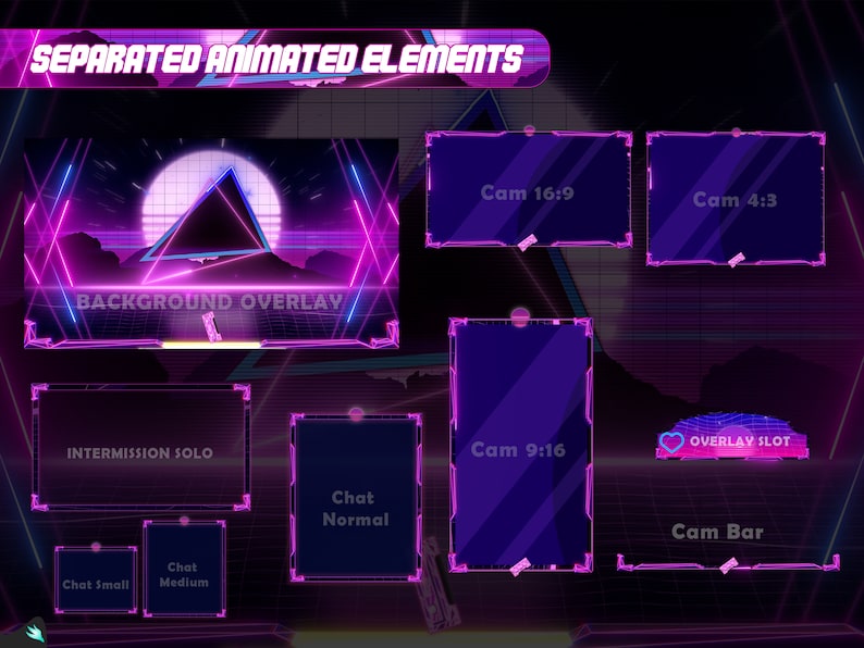 May include: A digital graphic with a retro-futuristic theme, featuring neon pink and blue elements. The image includes text boxes labeled "Cam 16:9," "Cam 4:3," and "Cam 9:16," along with other overlay elements. The words "SEPARATED ANIMATED ELEMENTS" and "BACKGROUND OVERLAY" are also visible.