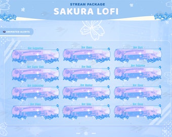 Twitch Animated Alerts - Sakura Lofi - Blue Snow  Animated Alerts - Night Alerts - Stream Alerts - Cherry Blosssom Overlay - Cherry - blue