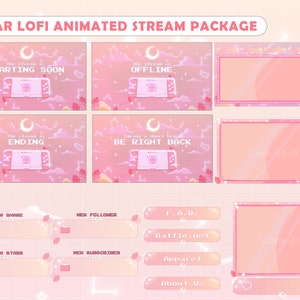 Stream Package Lunar Lofi - Twitch Overlay - Animated Alerts - Animated Screens  - Panels - Gamepad - Aesthetic  - Retro Gamer - Pink