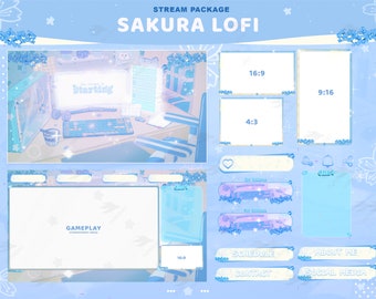 May include: A blue and white digital art illustration of a computer screen with the text "The stream is starting" on the screen. The illustration is surrounded by a light blue background with white flowers and stars. The illustration includes a variety of stream overlays, including a gameplay overlay, a schedule overlay, a contact overlay, and a social media overlay. The overlays are all in a light blue and white color scheme.