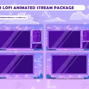 May include: Four animated purple and pink stream overlays with a moon, stars, and clouds. The text "LUNAR LOFI ANIMATED STREAM PACKAGE" is at the top of the image. The text "4 ANIMATED INTERMISSIONS (16:9, 4:3 AND 9:16)" is below the title.