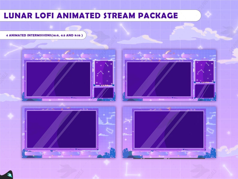 May include: Four animated purple and pink stream overlays with a moon, stars, and clouds. The text "LUNAR LOFI ANIMATED STREAM PACKAGE" is at the top of the image. The text "4 ANIMATED INTERMISSIONS (16:9, 4:3 AND 9:16)" is below the title.
