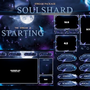 May include: A digital stream package named "SOULSHARD" with a dark, celestial theme. The design includes various overlay elements for gameplay, chat, and social media, with text that reads "THE STREAM IS STARTING".