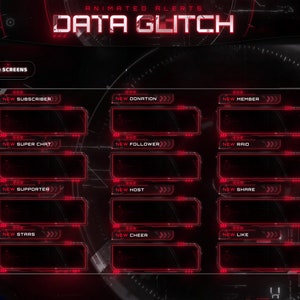 Twitch Animated Alerts - Data Glitch - Animated Alerts - Dark Alerts - Stream Alerts - Red Alert Overlay - Clean - Black & White Alerts