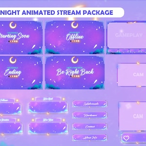 Stream Package Lofi Night - Twitch Overlay -  Animated Alerts - Animated Screens  - Panels - Aesthetic  - Galaxy - Gameplay - Light Purple