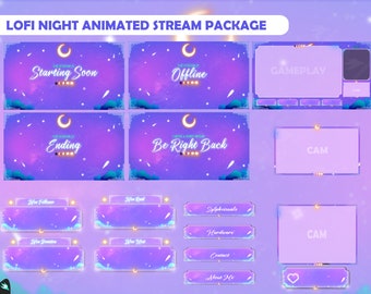 Stream Package Lofi Night - Twitch Overlay -  Animated Alerts - Animated Screens  - Panels - Aesthetic  - Galaxy - Gameplay - Light Purple