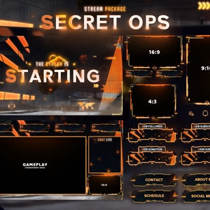 Secret Ops - Twitch Overlay - Animated Alerts - Animated Screens - Orange Overlay - Stream Pack - War - Minimalist - Abstract - FPS