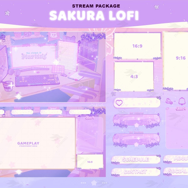 Stream Package Sakura Lofi Purple - Twitch Overlay -  Animated Alerts - Animated Screens  - Panels - Cherry Blossom - Aesthetic - Purple