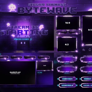 Bytewave - Twitch Overlay - Animated Alerts - Animated Screens - Retro Overlay - Stream Pack - Purple Overlay - Panels - Abstract - 8bit