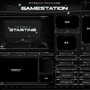 Gamestation - Twitch Overlay - Animated Alerts - Animated Screens - Dark Overlay - Setup - Black & White  - Streamer - Gaming Room - Glitch