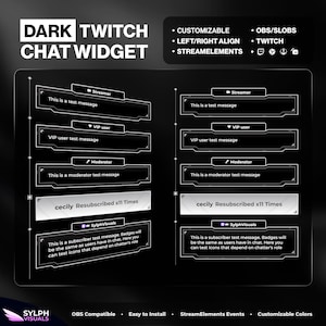 May include: A dark Twitch chat widget overlay featuring customizable message boxes for streamers, VIPs, and moderators. The design includes text labels for test messages, subscriber alerts, and role-based icons, compatible with OBS, SLOBS, and StreamElements.