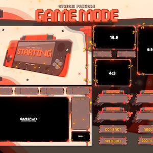 May include: A digital art stream package with a retro video game theme. The design features a handheld console with the word "STARTING" on the screen. Includes gameplay, chat, and social media layouts in shades of red, brown, and orange.