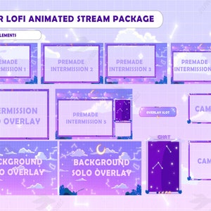 May include: A set of animated stream overlays with a purple and pink color scheme. The overlays feature a moon, stars, and clouds. The text "LUNAR LOFI ANIMATED STREAM PACKAGE" is at the top of the image. The text "SEPARATED ELEMENTS" is below the title. The overlays include "PREMADE INTERMISSION 1", "PREMADE INTERMISSION 2", "PREMADE INTERMISSION 3", "PREMADE INTERMISSION 4", "INTERMISSION SOLO OVERLAY", "PREMADE INTERMISSION 5", "OVERLAY SLOT", "CHAT", "CAM 16:9", "CAM 4:3", "BACKGROUND SOLO OVERLAY", and "BACKGROUND SOLO OVERLAY".