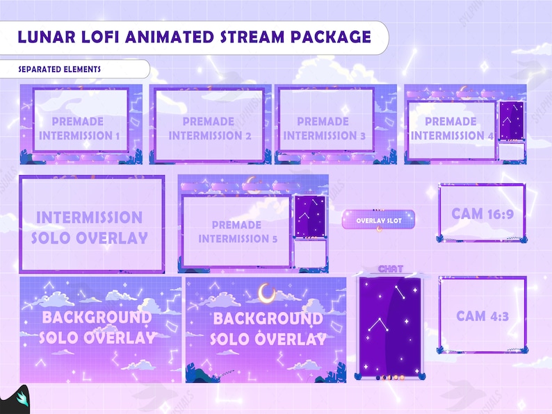 May include: A set of animated stream overlays with a purple and pink color scheme. The overlays feature a moon, stars, and clouds. The text "LUNAR LOFI ANIMATED STREAM PACKAGE" is at the top of the image. The text "SEPARATED ELEMENTS" is below the title. The overlays include "PREMADE INTERMISSION 1", "PREMADE INTERMISSION 2", "PREMADE INTERMISSION 3", "PREMADE INTERMISSION 4", "INTERMISSION SOLO OVERLAY", "PREMADE INTERMISSION 5", "OVERLAY SLOT", "CHAT", "CAM 16:9", "CAM 4:3", "BACKGROUND SOLO OVERLAY", and "BACKGROUND SOLO OVERLAY".