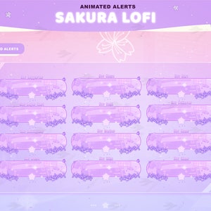 Alertas animadas de Twitch - Sakura Lofi Purple - Alertas animadas - Alertas nocturnas - Alertas de transmisión - Cherry Blosssom Overlay - Cherry - Purple