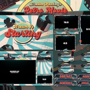 Könnte beinhalten: Ein Twitch-Stream-Paket im Retro-Film-Stil mit einem blauen und roten Farbschema. Das Paket enthält eine Vielzahl von Overlays, Panels und Benachrichtigungen. Der Text "Stream Package Retro Movie" wird oben im Bild angezeigt. Der Text "Stream Is Starting" wird in großer Schrift auf einem blauen und roten Hintergrund angezeigt. Der Text "Gameplay" wird in kleinerer Schrift auf einem schwarzen Hintergrund angezeigt. Die Texte "Kontakt", "Über mich", "Zeitplan" und "Soziale Medien" werden auf Schaltflächen angezeigt.
