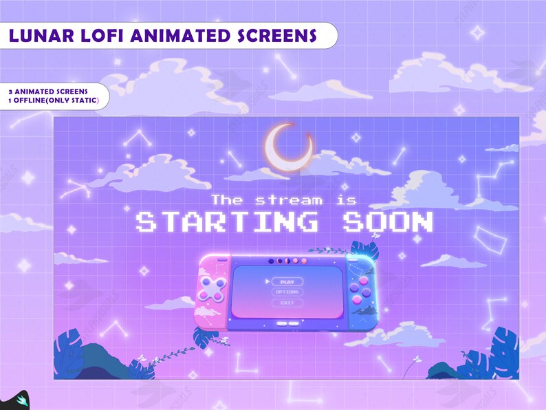 May include: A purple and blue animated Twitch stream starting soon screen with a crescent moon, clouds, stars, and a video game console. The text "The stream is STARTING SOON" is displayed in a pixelated font.