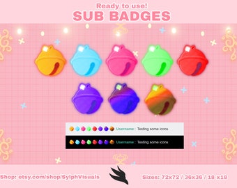 Puede incluir: Conjunto de 8 insignias de suscripción de Twitch con forma de campana en varios colores, incluidos amarillo, azul, rosa, verde, morado, azul, naranja y rojo. Las insignias están diseñadas para su uso en Twitch y están disponibles en tres tamaños: 72x72, 36x36 y 18x18 píxeles.