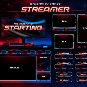 May include: A digital stream package featuring a red and blue neon aesthetic. Includes overlays for gameplay, live chat, and various aspect ratios like 16:9, 9:16, and 4:3. Text elements include STREAMER, THE STREAM IS STARTING, GAMEPLAY, and various labels.