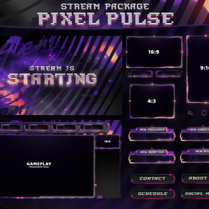 Pixel Pulse - Twitch Overlay - Geanimeerde waarschuwingen - Geanimeerde schermen - Pixel Art - Stream Pack - Jaren 90 - 8-bit - Paars - Retro - Arcade - Panelen