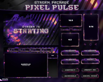 Pixel Pulse - Twitch Overlay - Animated Alerts - Animated Screens - Pixel Art - Stream Pack - 90s - 8-bit - Purple - Retro - Arcade - Panels
