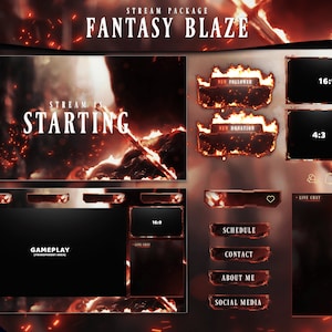 Stream Package Fantasy Blaze - Twitch Overlay -  Animated Alerts - Animated Screens  - Panels - Red Overlay  - Clean - Black & Red