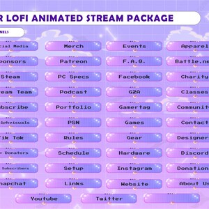 May include: A graphic with 42 animated stream panels in a grid layout. The panels are pink and purple with white text. The text includes: Social Media, Merch, Events, Apparel, Sponsors, Patreon, F.A.Q., Battle.net, Steam, PC Specs, Facebook, Charity, Stream Team, Subscribe, Sylphvisuals, Podcast, G2A, Classes, Portfolio, Gamertag, Community, PSN, Games, Contact, Tik Tok, Rules, Gear, Designers, Top Donators, Schedule, Hardware, Discord, Top Subscribers, Setup, Instagram, Donations, Snapchat, Links, Website, About Us, Youtube, Twitter.