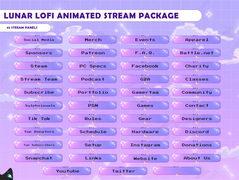 May include: A graphic with 42 animated stream panels in a grid layout. The panels are pink and purple with white text. The text includes: Social Media, Merch, Events, Apparel, Sponsors, Patreon, F.A.Q., Battle.net, Steam, PC Specs, Facebook, Charity, Stream Team, Subscribe, Sylphvisuals, Podcast, G2A, Classes, Portfolio, Gamertag, Community, PSN, Games, Contact, Tik Tok, Rules, Gear, Designers, Top Donators, Schedule, Hardware, Discord, Top Subscribers, Setup, Instagram, Donations, Snapchat, Links, Website, About Us, Youtube, Twitter.