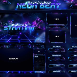 Neon Beat - Twitch Overlay - Alertas animados - Telas animadas - Neon Overlay - Stream Pack - Synthwave - Painéis - Glow - Anos 80 - Azul - Rosa