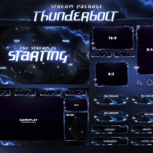 May include: A digital streaming package in dark blue and purple. It features overlay elements like gameplay screens, chat boxes, and social media buttons. Text includes "THUNDERBOLT" and "THE STREAM IS STARTING".