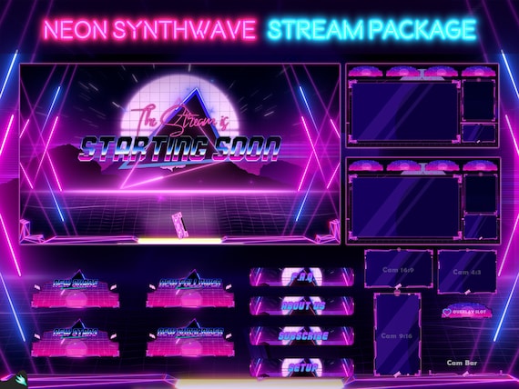 Stream Package Neon Synthwave - Twitch Overlay -  Animated Alerts - Animated Screens  - Panels - Aesthetic  - Retro - Vaporwave -   Purple