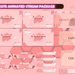 Stream Package Cute Bee - Twitch Overlay -  Animated Alerts - Animated Screens  - Panels - Retro Gamer - Gameplay - Pink twitch overlay