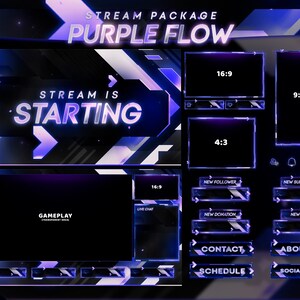May include: A digital streaming overlay package titled "Purple Flow" with a dark blue and purple color scheme. The design includes various screen layouts, including 16:9, 4:3, and 9:16 formats, and buttons for social media and stream interaction.