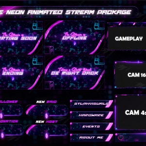 Stream Package Shine Neon - Twitch Overlay -  Animated Alerts - Animated Screens  - Panels - Aesthetic  - Retro - Vaporwave -   Purple