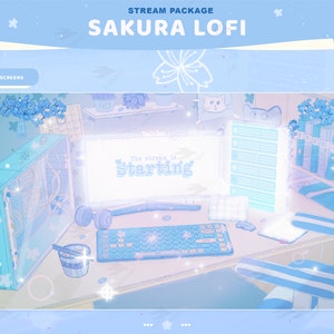 Twitch Overlay - Sakura Lofi - Snow Blue Screens Animated - Esthétique - Cherry Blossom - Game Overlay - Blue Overlay - Blossom Overlay