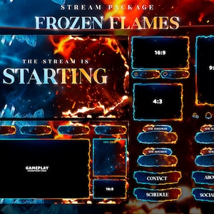Op de afbeelding: Een digitaal stroompakket getiteld "Frozen Flames" met een vurig en ijzig thema. Het ontwerp bevat een mix van oranje en blauwe kleuren, met verschillende overlay-elementen voor gameplay, chat en social media-integratie. Bevat de tekst "The Stream is Starting".