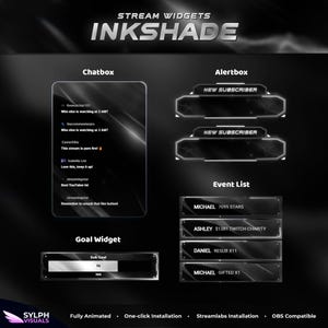 May include: A digital stream overlay package titled INKSHADE featuring a chatbox, two alert boxes labeled NEW SUBSCRIBER, an event list with names and stats, and a sub goal widget. The design uses a dark, metallic aesthetic with white text.