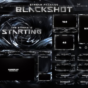 Blackshot - Twitch Overlay - Animated Alerts - Animated Screens - Dark Overlay - Stream Pack - Black & White - Minimalist - Abstract - FPS