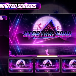 May include: A digital graphic with a retro 80s theme, featuring neon pink and purple lines and text. The main screen says "The Stream is Starting Soon." Additional screens are labeled "Offline," "Be Right Back," and "Gaming."