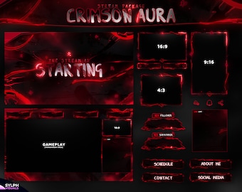 May include: A red and black Twitch stream overlay package with the text "Crimson Aura" and "The stream is starting". The package includes various elements such as a gameplay screen, follower and subscriber alerts, a schedule, about me, and social media buttons.