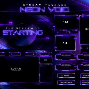 May include: A digital streaming overlay package in a neon purple and black color scheme. The design includes various screen layouts, such as 16:9, 4:3, and 9:16, with text elements like "The Stream is Starting" and "Gameplay".
