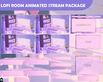Stream Package Lofi Room - Twitch Overlay -  Animated Alerts - Animated Screens  - Panels - Aesthetic  - Retro Gamer - Gameplay - Purple